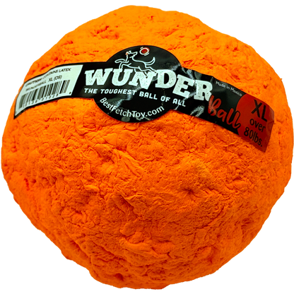 Fetch toy ball, orange textured exterior with WUNDER logo label