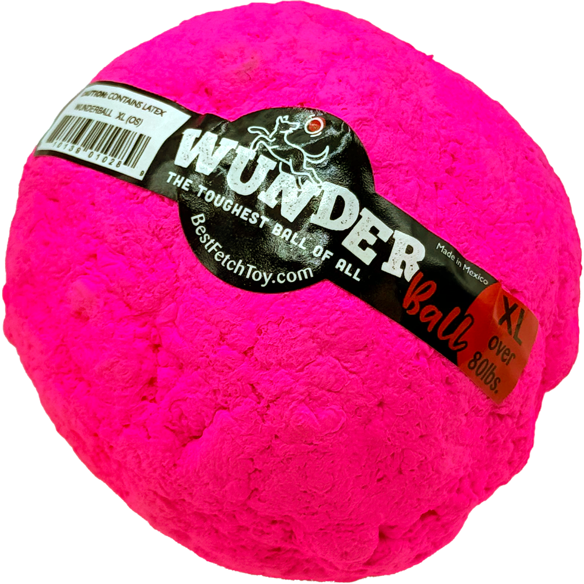 Fetch toy ball, hot pink textured exterior with WUNDER logo label