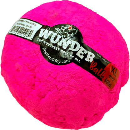 Fetch toy ball, hot pink textured exterior with WUNDER logo label