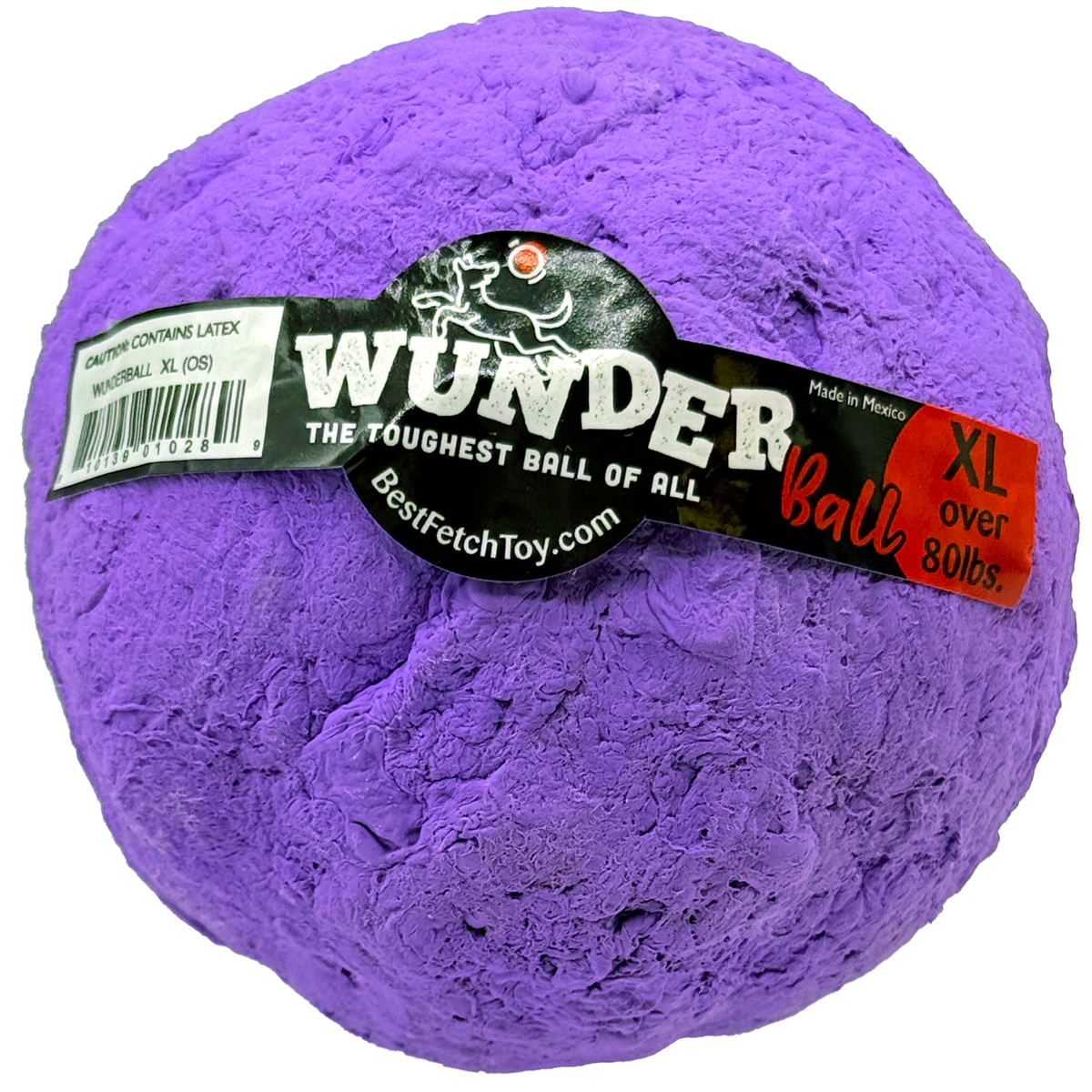 Fetch toy ball, purple textured exterior with WUNDER logo label and XL marking