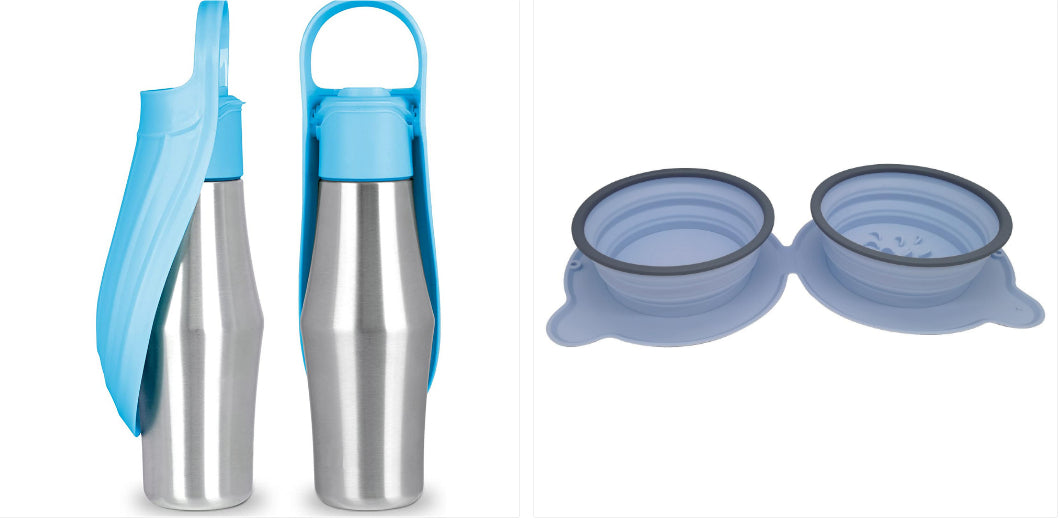 Portable pet dog water bottle with light blue silicone leaf bowls and carry handle