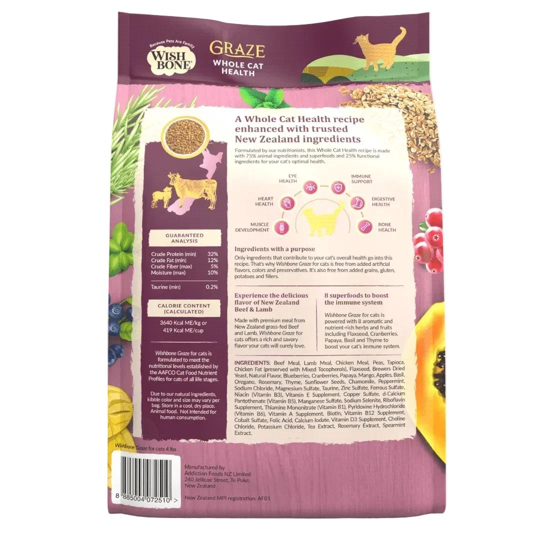 Wishbone Graze whole cat health dry food bag back panel with ingredient details