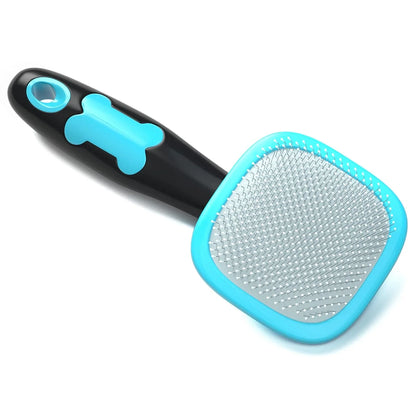 Blue and black pet shedding brush with textured metal bristle pad