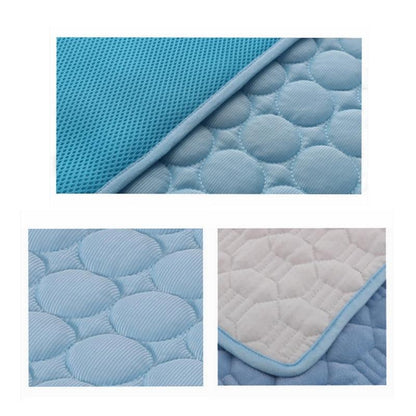 Light blue pet cooling pad detail of quilted bubble pattern and edge