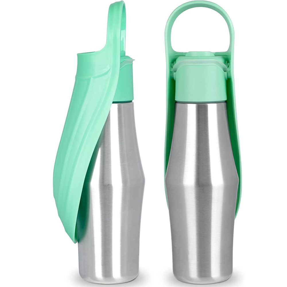 Stainless steel pet water bottle with mint green flip cap, two-pack view