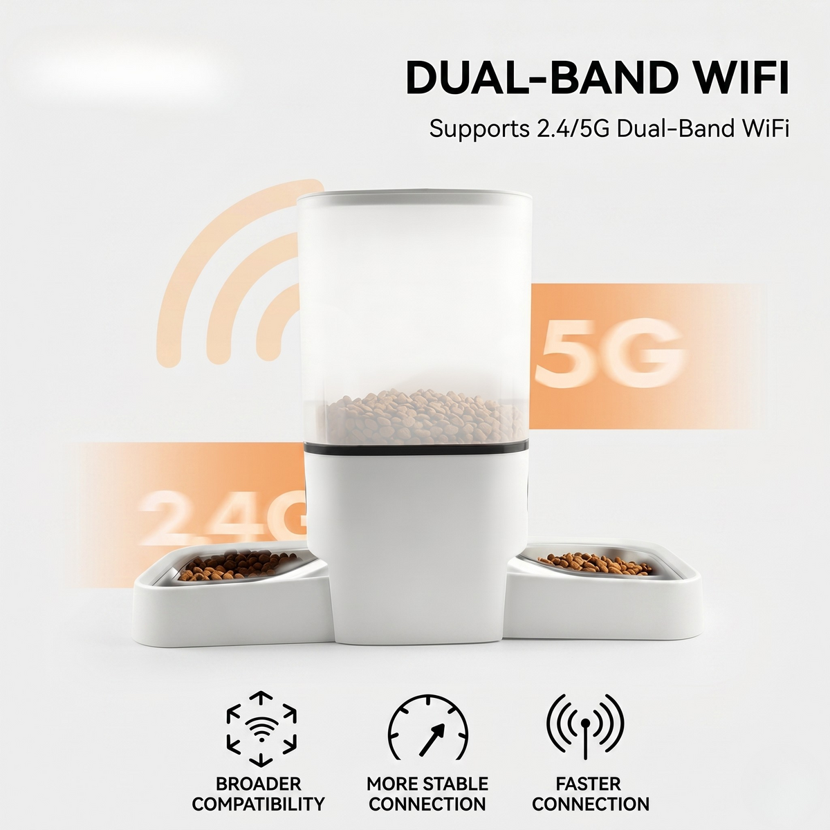 White wifi smart pet feeder with clear hopper filled with dry food and side bowls