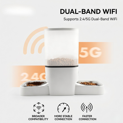 White wifi smart pet feeder with clear hopper filled with dry food and side bowls