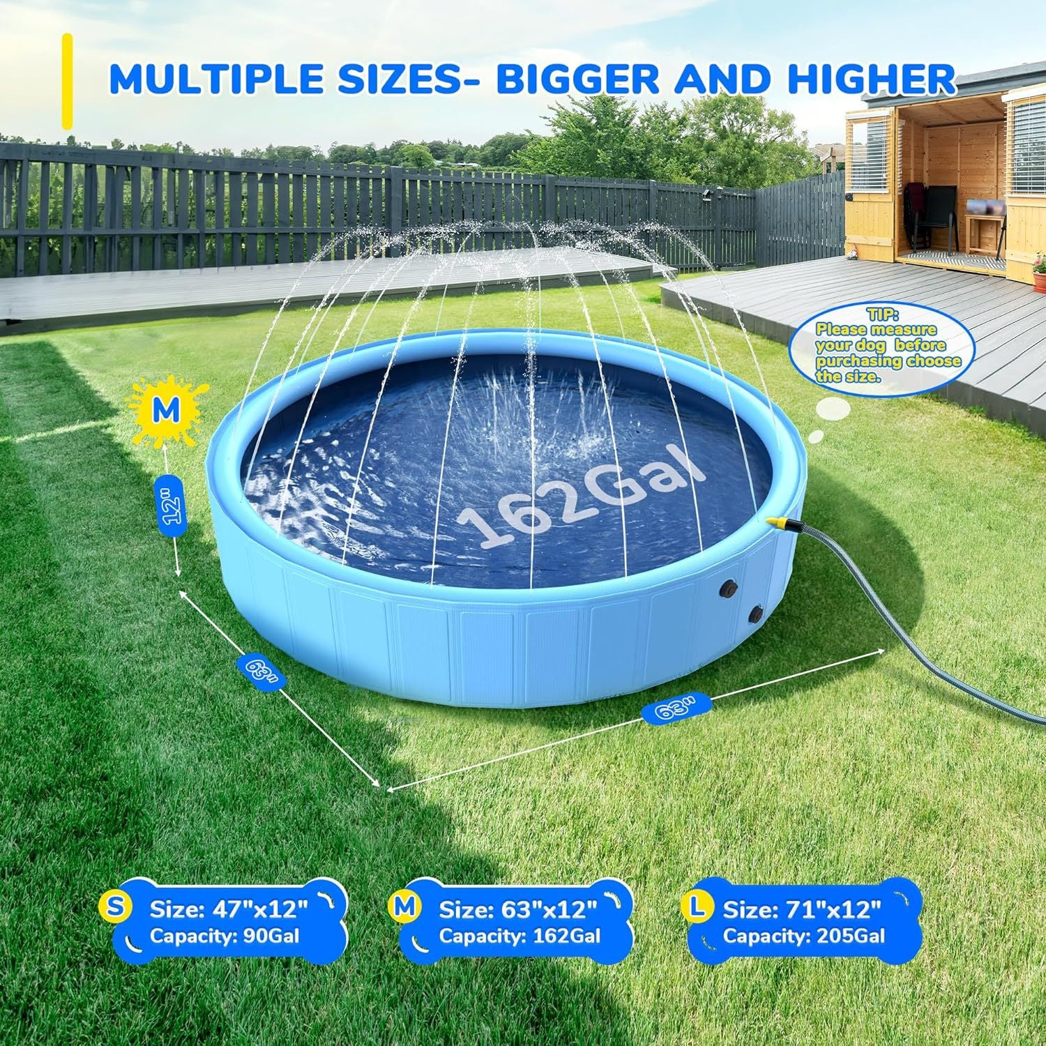 Lake Blue splash pool with size labels S, M, L on the yard lawn