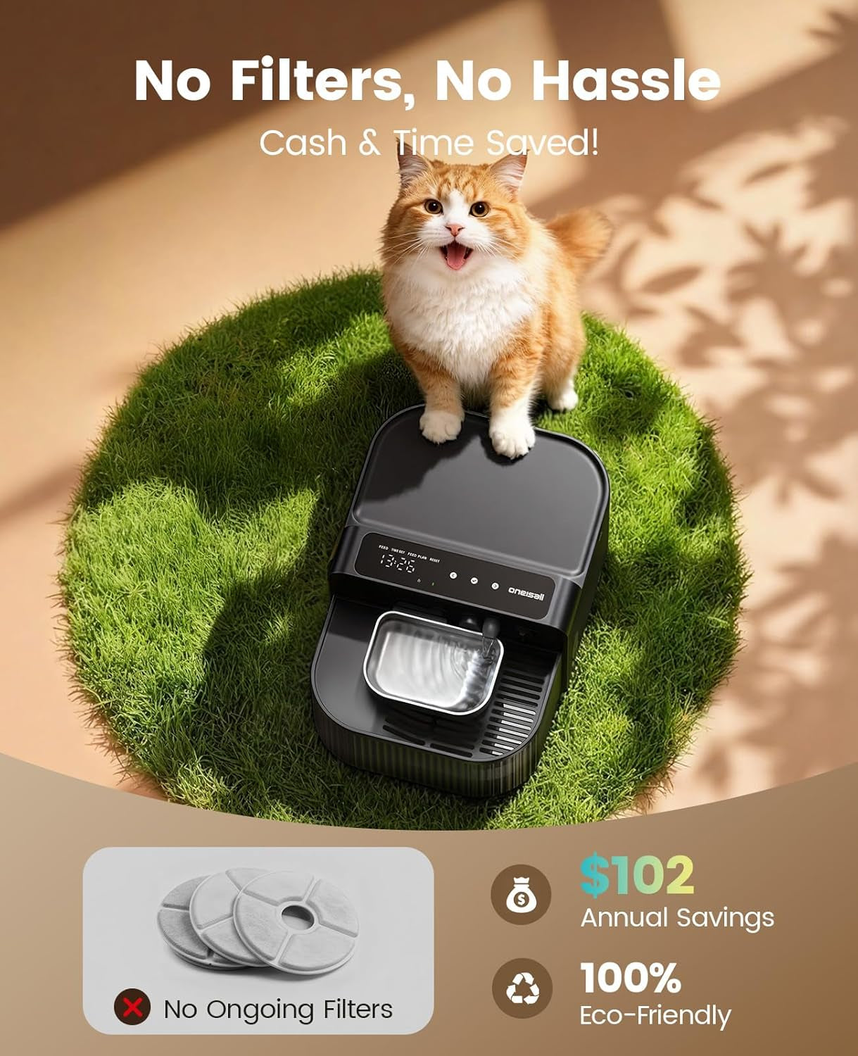 Black cat water fountain with stainless-steel drinking bowl and top control panel