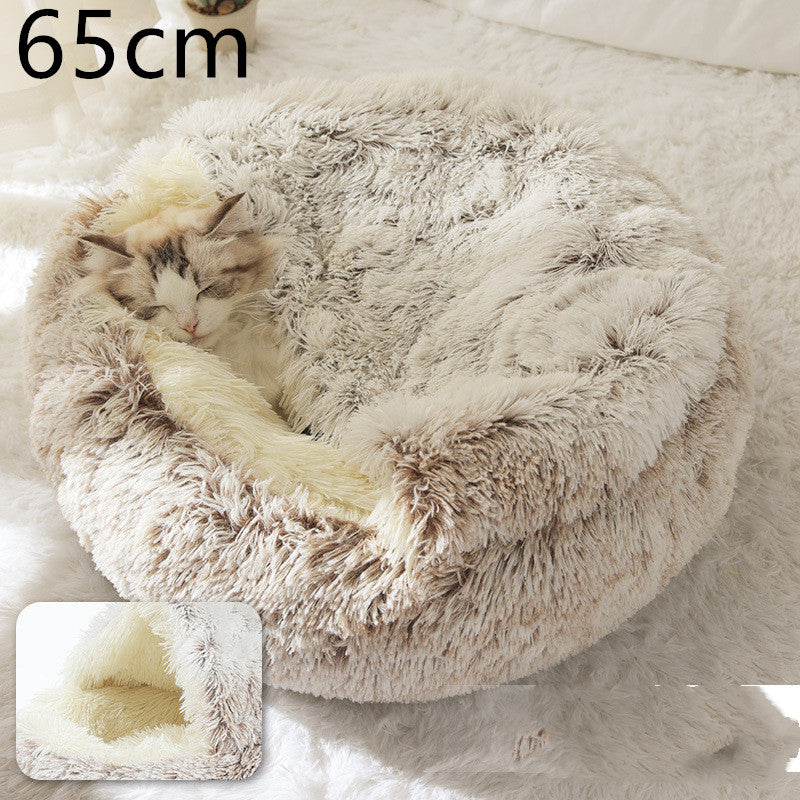 Beige plush pet bed for cats and dogs, round, 65cm, thick shag cushion