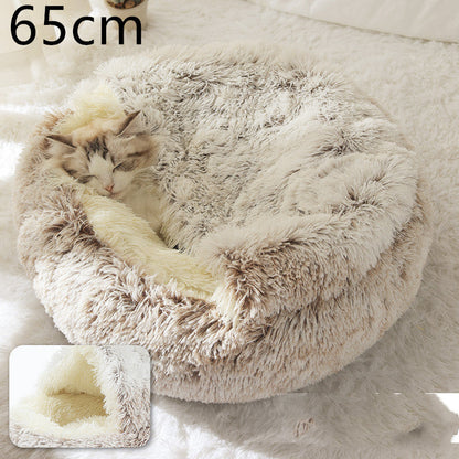 Beige plush pet bed for cats and dogs, round, 65cm, thick shag cushion