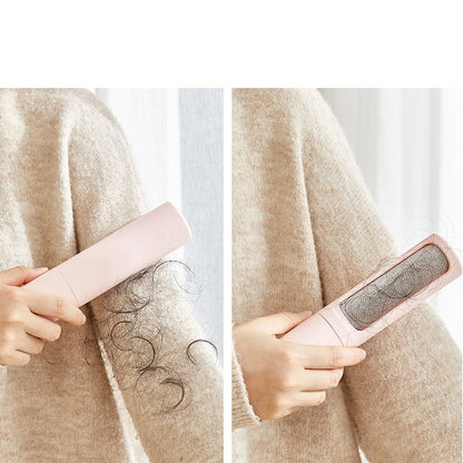2-in-1 pet hair remover lint roller brush rolling hair off tan fabric
