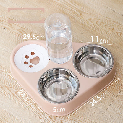 Pink double dog bowl set with two stainless steel bowls and a clear water dispenser cup
