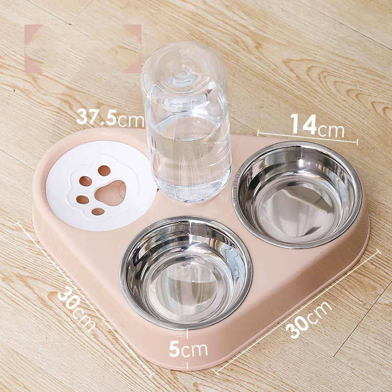 Pink double dog bowl with two stainless bowls and a clear water dispenser cup