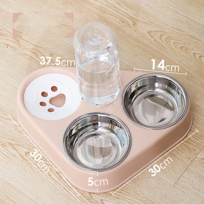 Pink double dog bowl with two stainless bowls and a clear water dispenser cup