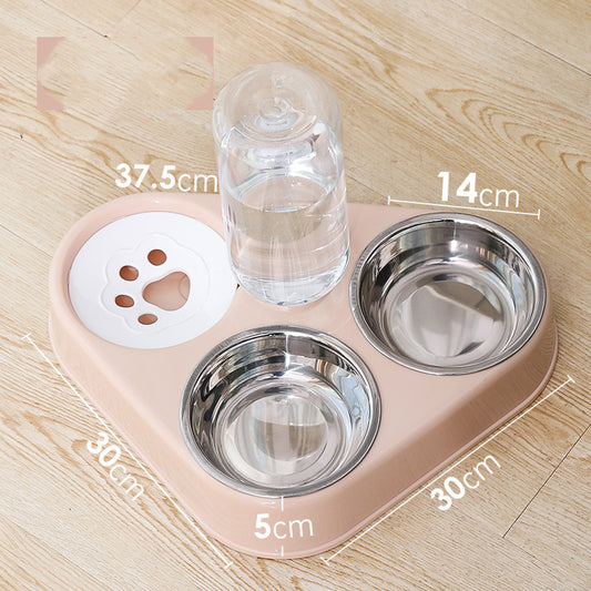 Pink double dog bowl with two stainless bowls and a clear water dispenser cup