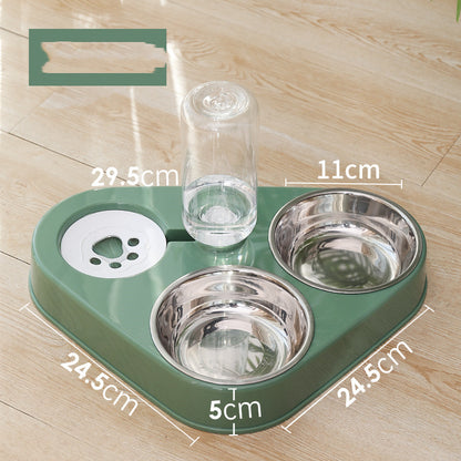 Green double dog bowl with two stainless steel bowls and a clear water dispenser cup