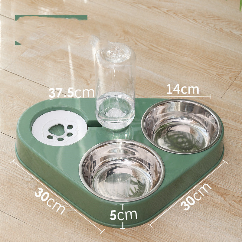 Green double dog bowl tray with two stainless steel bowls and a clear water dispenser