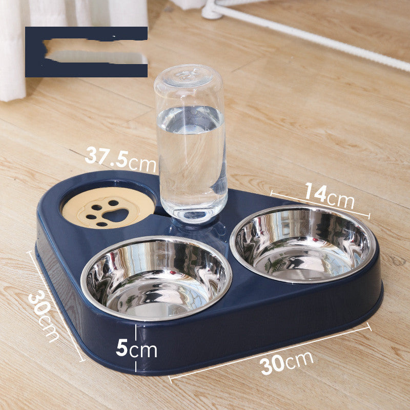 Dark blue double dog bowl with two stainless steel bowls and a clear water dispenser