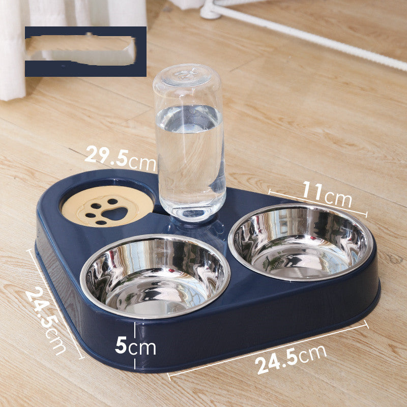 Dark blue double dog bowl with two stainless steel bowls and a clear water dispenser cup