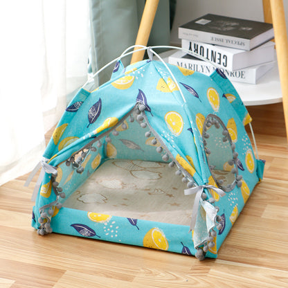 Enclosed cat tent pet bed, blue fabric with bird print and mesh front opening