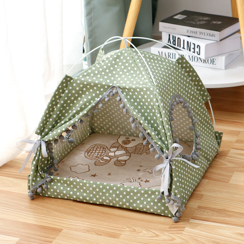 Enclosed cat tent pet bed, olive green fabric with white polka dots and cushioned base