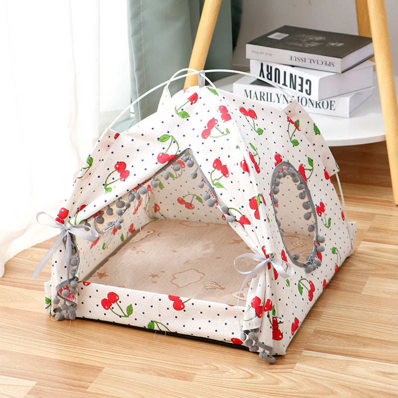 Enclosed cat tent pet bed, white fabric with red fruit print and mesh front