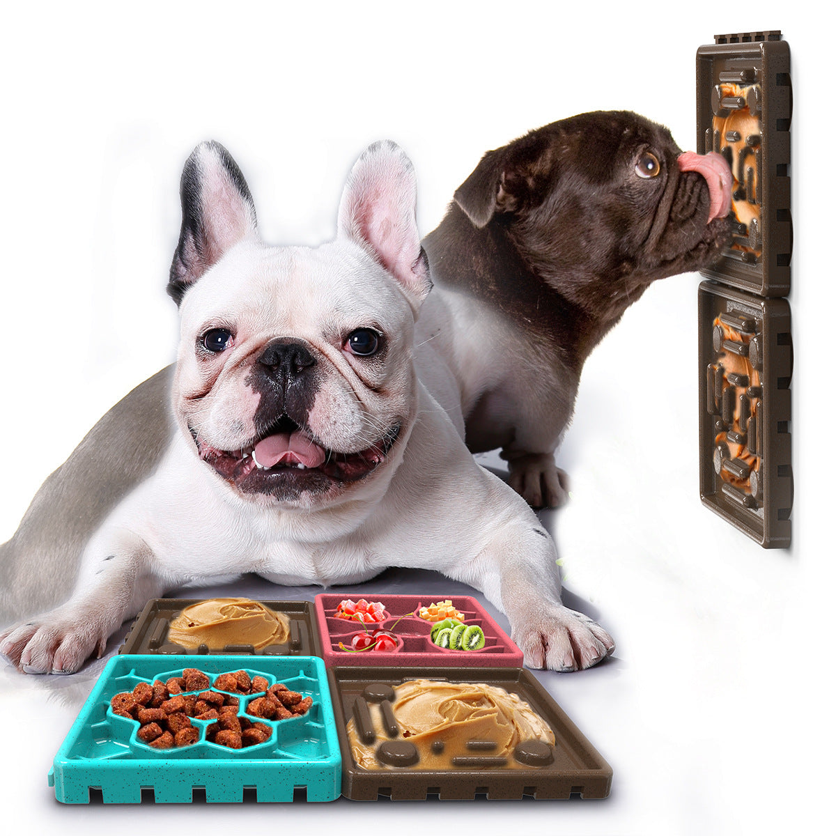Two-piece slow feeder dog licking mat with teal and brown sections, raised ridges