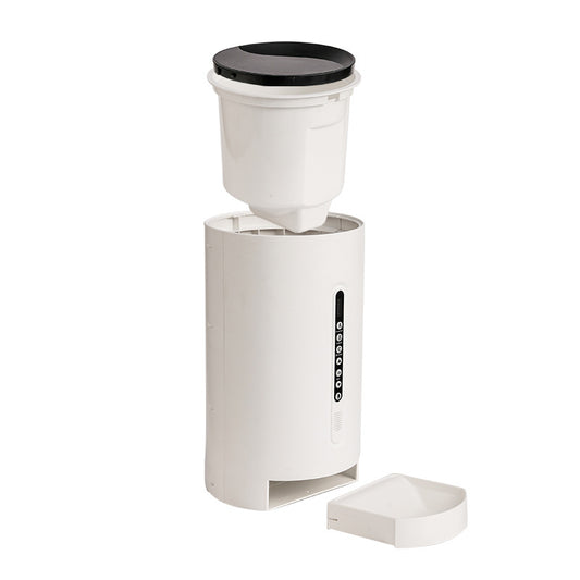 White automatic smart pet feeder with open top hopper and front feeding tray