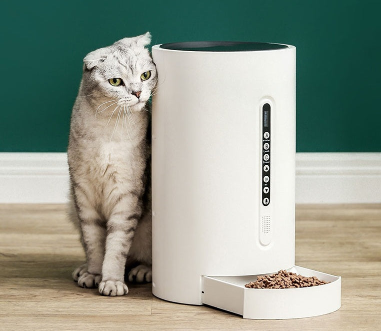 White automatic smart pet feeder with front feeding tray and side control display