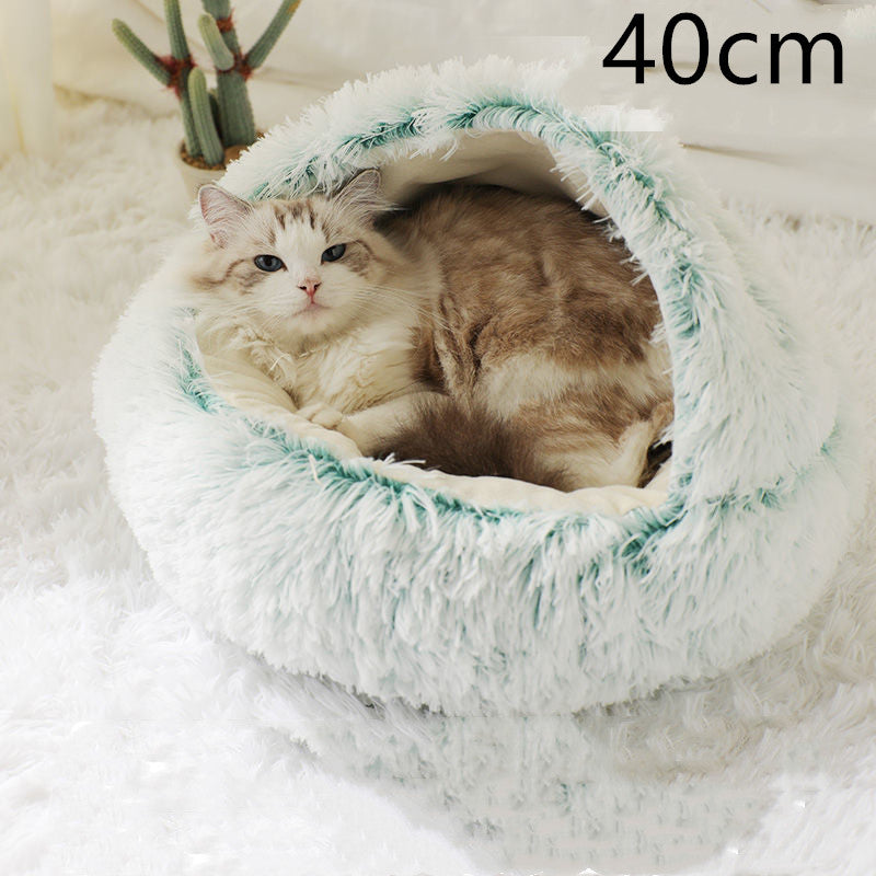 Plush pet bed for cats and dogs, 40cm, mint-green round cave with cat inside