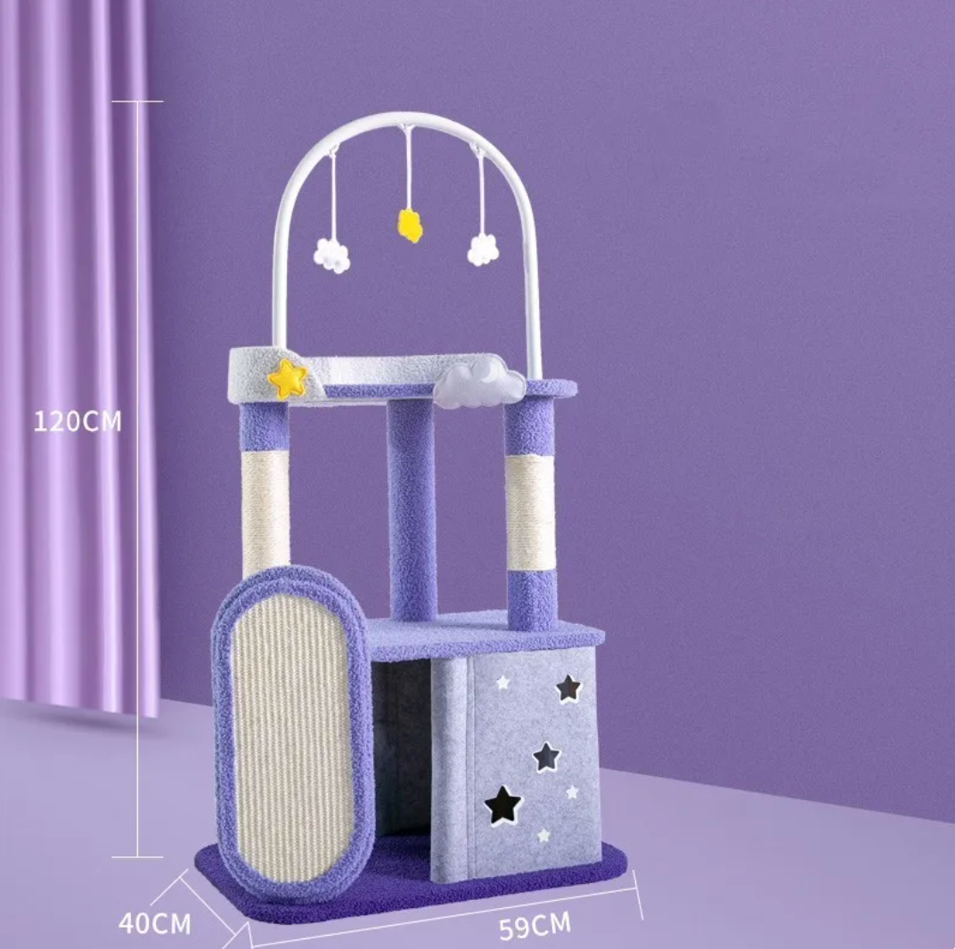 Cat scratching and jumping platform with arched topper, blue posts, and cushioned cube bed