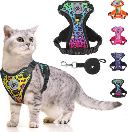 Adjustable cat harness with matching leash, colorful leopard paw print on black vest