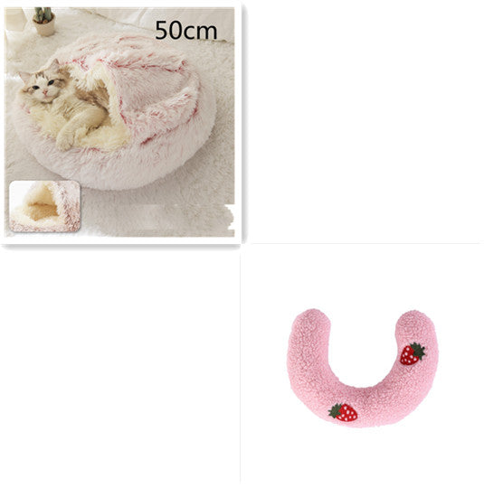 50cm plush pet bed, pink U-shaped cushion with strawberry appliques
