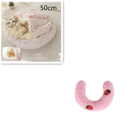 50cm plush pet bed, pink U-shaped cushion with strawberry appliques