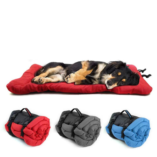 Red foldable waterproof dog bed mat with sleeping dog
