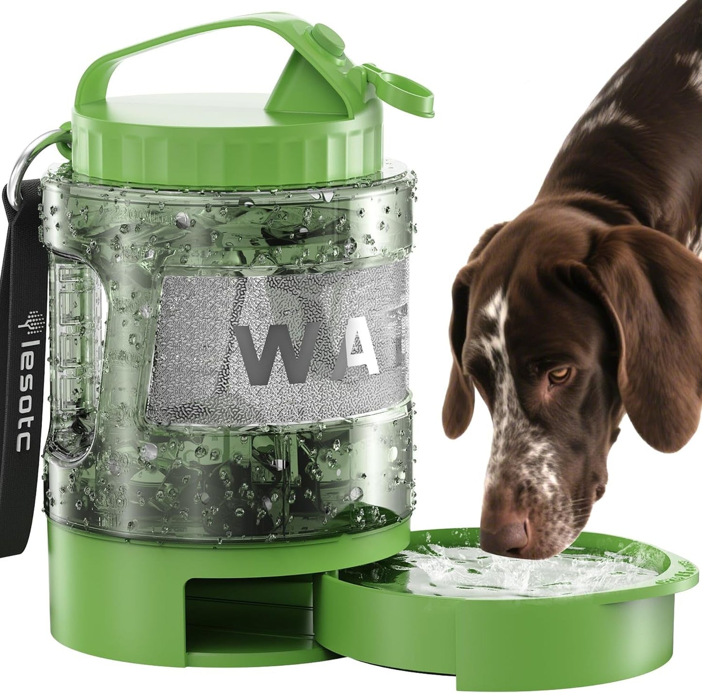 Green dog travel water bottle with flip lid and built-in drinking bowl, leak-proof