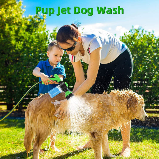 Green dog wash hose attachment with sprayer head and soap dispenser bottle
