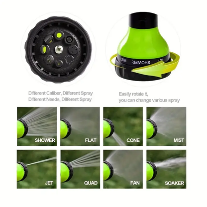 Green sprayer nozzle head with multiple spray settings and black housing