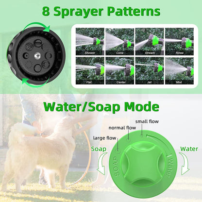 Green sprayer head showing multiple spray patterns and water/soap modes
