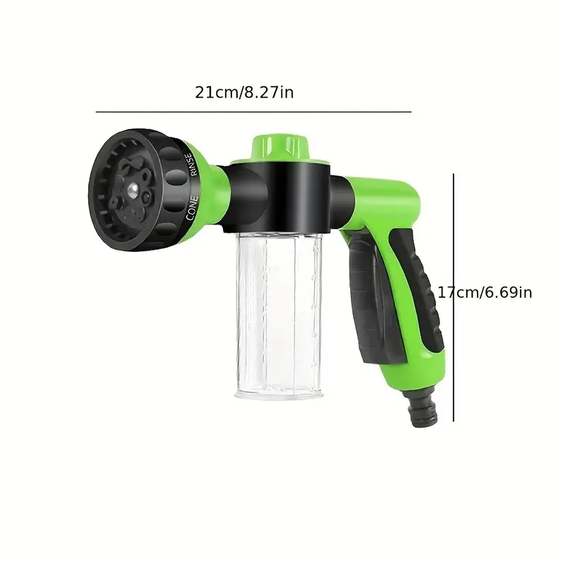Green and black dog wash hose sprayer with clear container and 21cm length