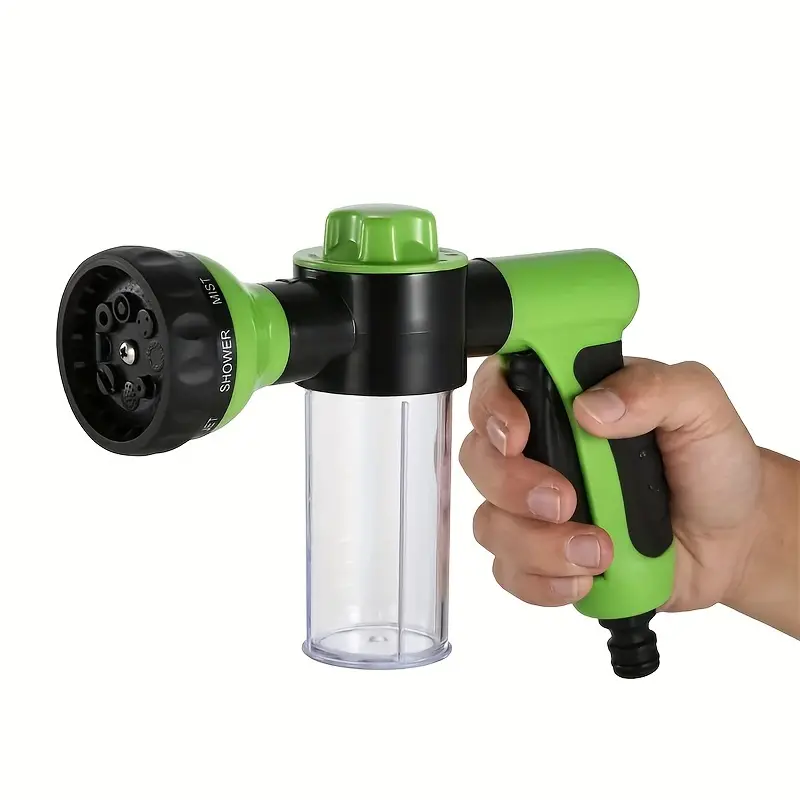 Green and black pet shower sprayer attachment with clear container and trigger