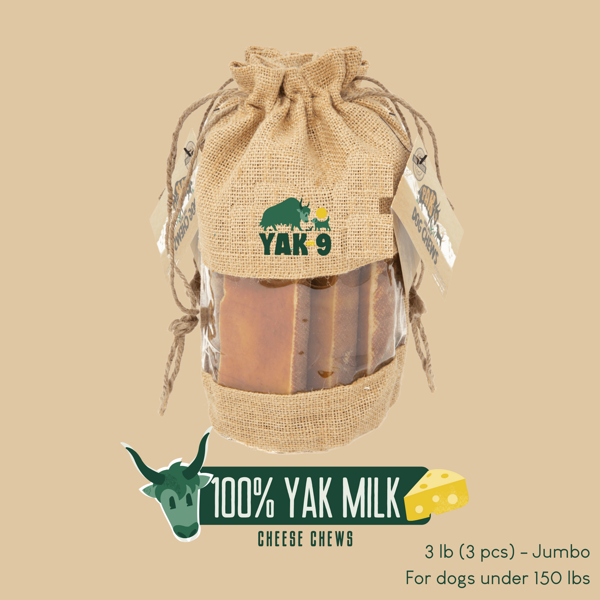 YAK 9 Yak milk cheese chews in burlap sack, jumbo 3 lb bag with chew pieces inside