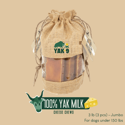 YAK 9 Yak milk cheese chews in burlap sack, jumbo 3 lb bag with chew pieces inside