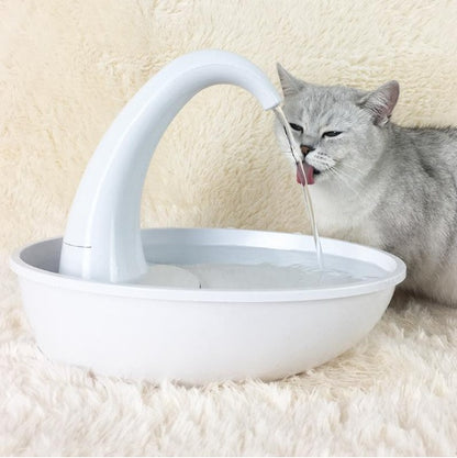 White automatic pet water dispenser bowl with curved spout, gray cat drinking