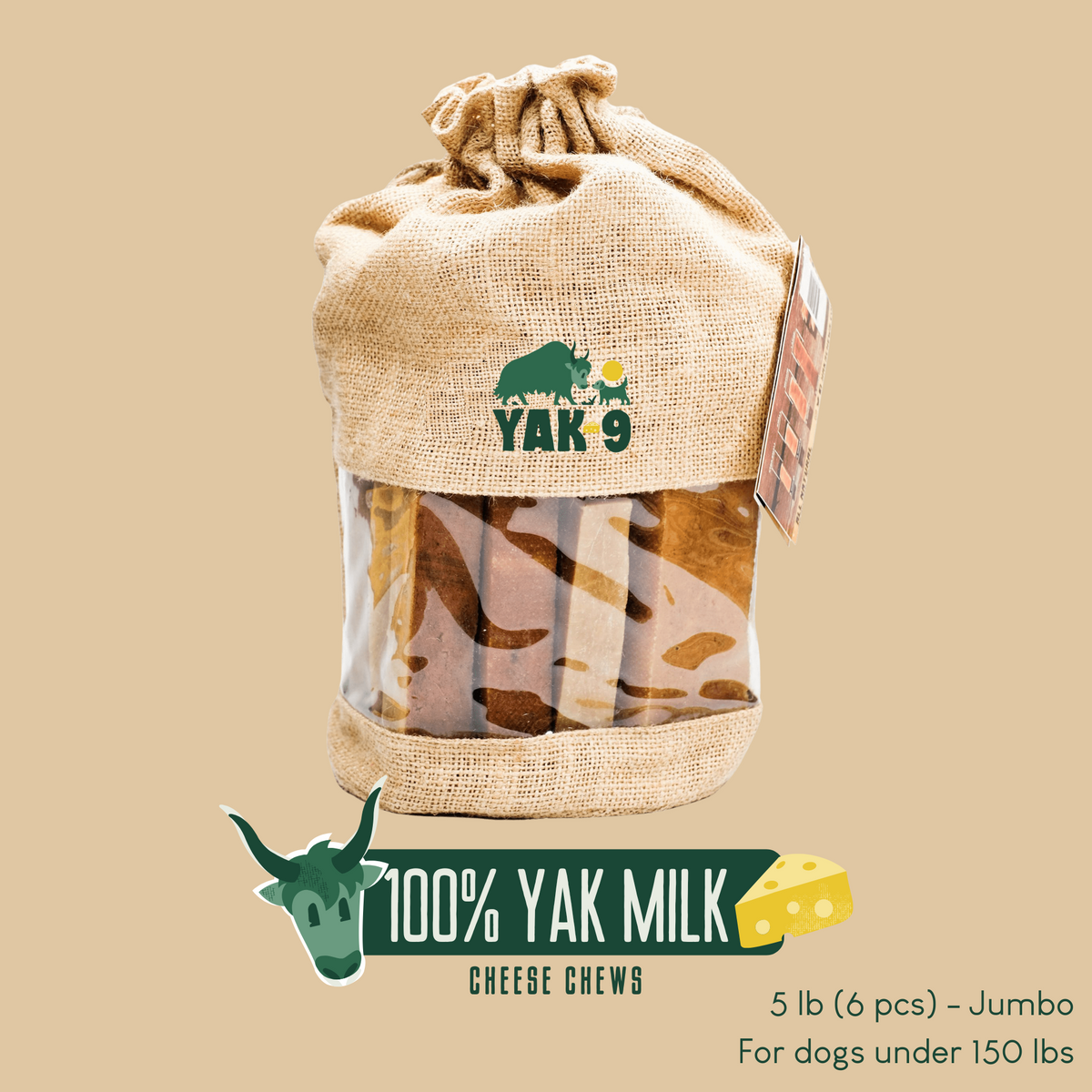 Yak milk cheese chew pouch in burlap bag with wrapped brown chew pieces