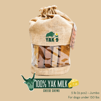 Yak milk cheese chew pouch in burlap bag with wrapped brown chew pieces