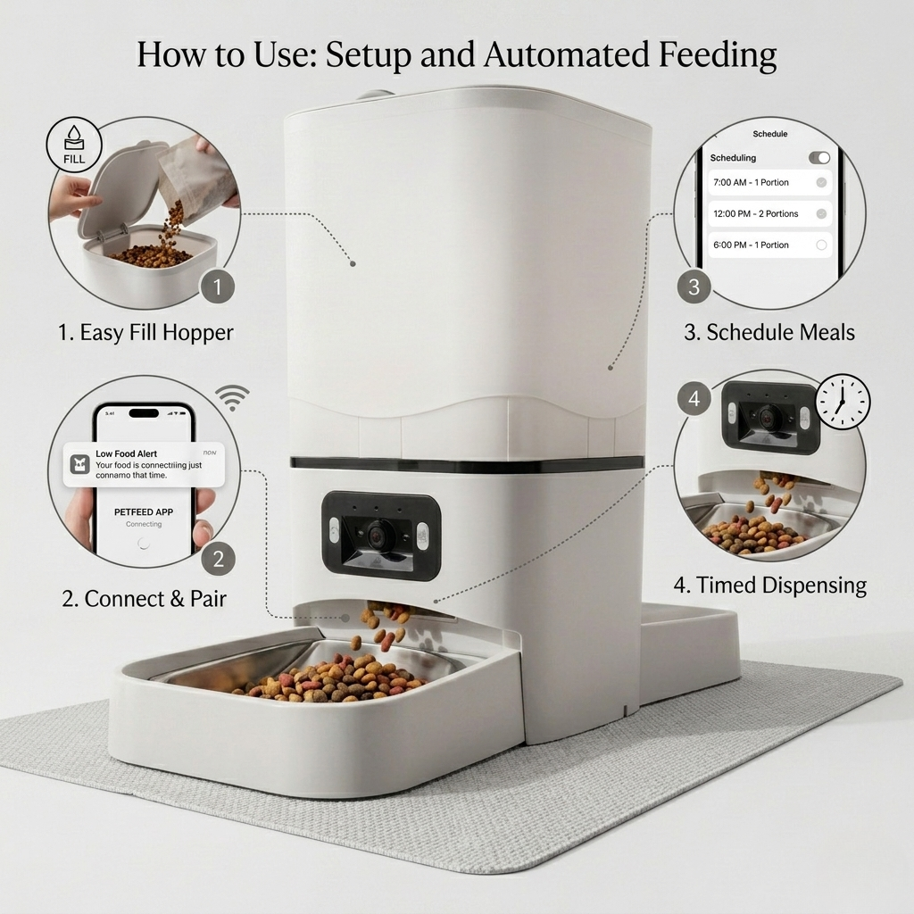 White WiFi automatic pet feeder with front control panel and kibble bowl