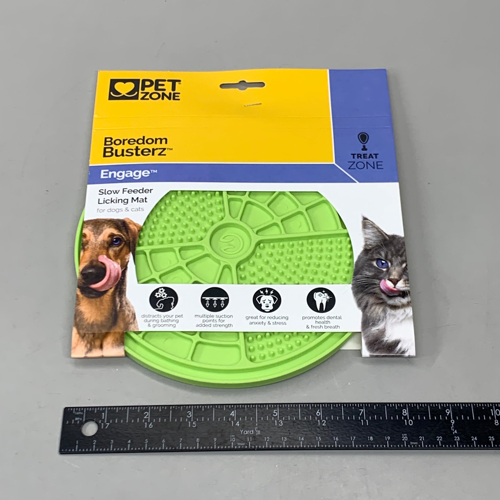 2-pack green slow feeder lick mats in retail package with ruler for size