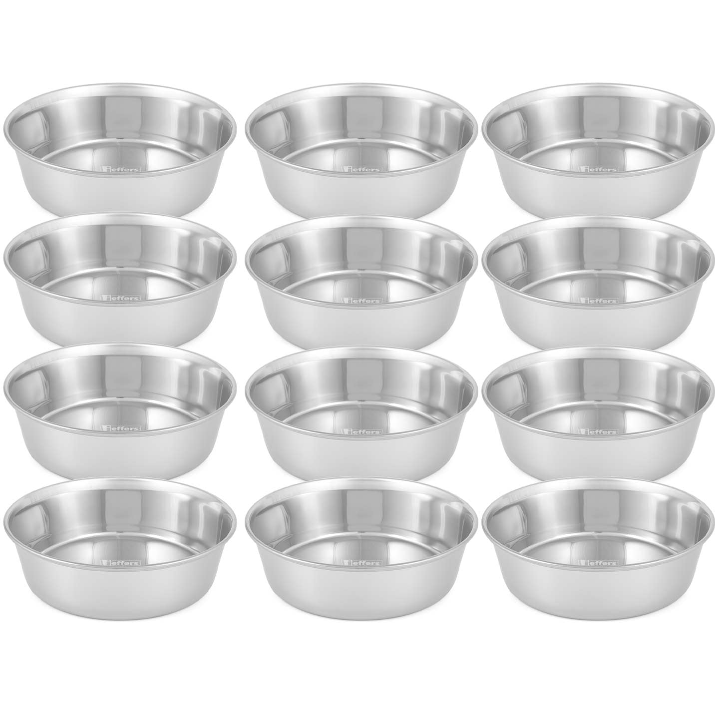 Group of stainless steel pet bowls arranged in rows, reflective polished interiors.